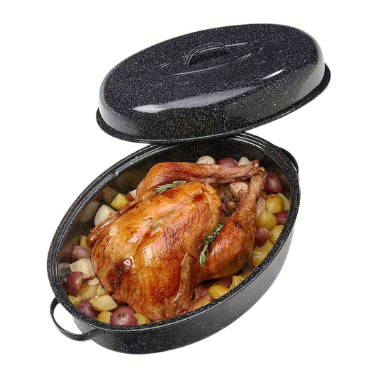 13-Inch Granite Design Enamel Oval Roaster with Lid - High Heat Resistant, Non-Toxic, Dishwasher Safe, Perfect for Roasting Turkey, Beef, Vegetables - Food Contact Safe, Easy Cleanup, Durable Construction