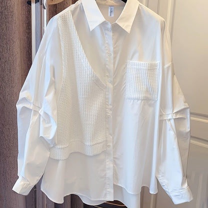 Sixsr Waffle Paneled Polo Collar Blouse, Elegant Long Sleeve Blouse For Spring & Fall, Women's Clothing