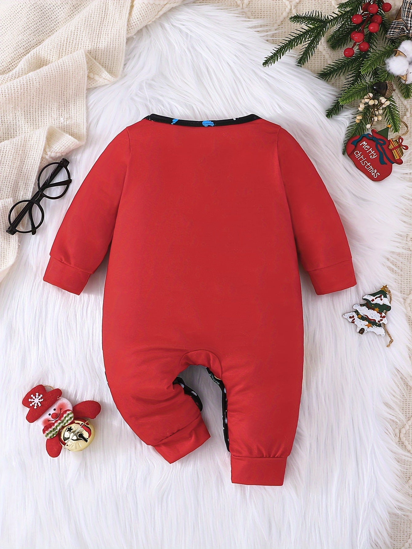 Baby's Cartoon Christmas Dinosaur Santa Pattern Faux Two-piece Long Sleeve Romper, Toddler & Infant Boy's Bodysuit, Suitable For Daily & Outdoor Wear