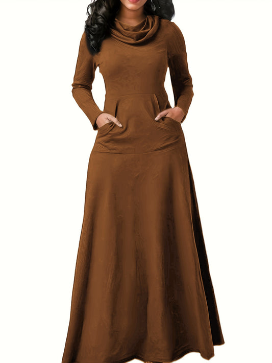 Sixsr Pile Collar Solid Maxi Dress, Elegant Long Sleeve Kangaroo Pocket Dress, Women's Clothing