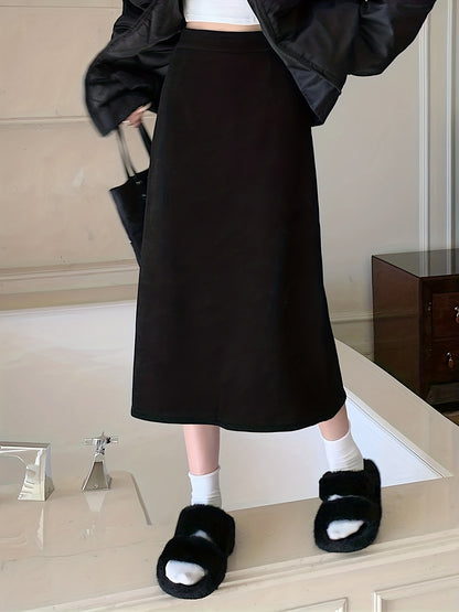 Sixsr Solid High Waist Split Skirt, Casual Fleece Midi Skirt For Fall & Winter, Women's Clothing