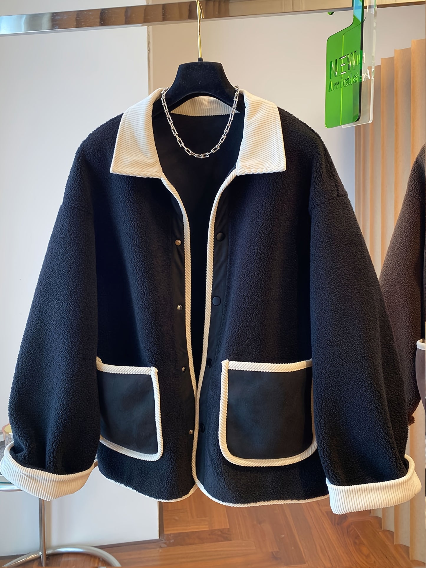 Sixsr Contrast Trim Patched Pockets Outwear, Versatile Long Sleeve Button Front Coat For Fall & Winter, Women's Clothing