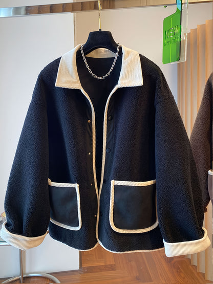 Sixsr Contrast Trim Patched Pockets Outwear, Versatile Long Sleeve Button Front Coat For Fall & Winter, Women's Clothing