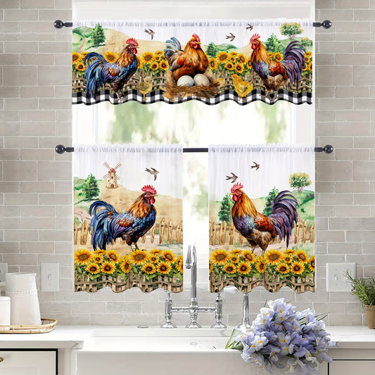 1PC Curtain Valance + 2PCS Rustic Pastoral Style Farmhouse Chicken Sunflower Curtain Tiers, Rod Pocket Tulle Curtains for Bedroom, Office, Kitchen, Living Room, Study with Window Decoration