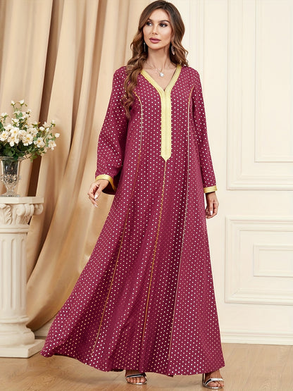 Sixsr Pin Dot Maxi Kaftan Dress, Elegant V Neck Long Sleeve Dress, Women's Clothing