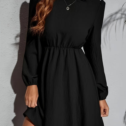 Sixsr Cinched Waist Solid Dress, Elegant Crew Neck Long Sleeve Dress, Women's Clothing