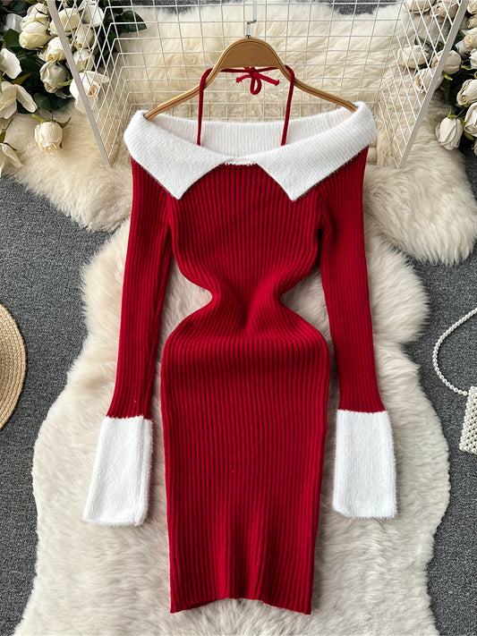 Sixsr Contrast Trim Halter Neck Dress, Elegant Sweater Bodycon Dress For Spring & Fall, Women's Clothing