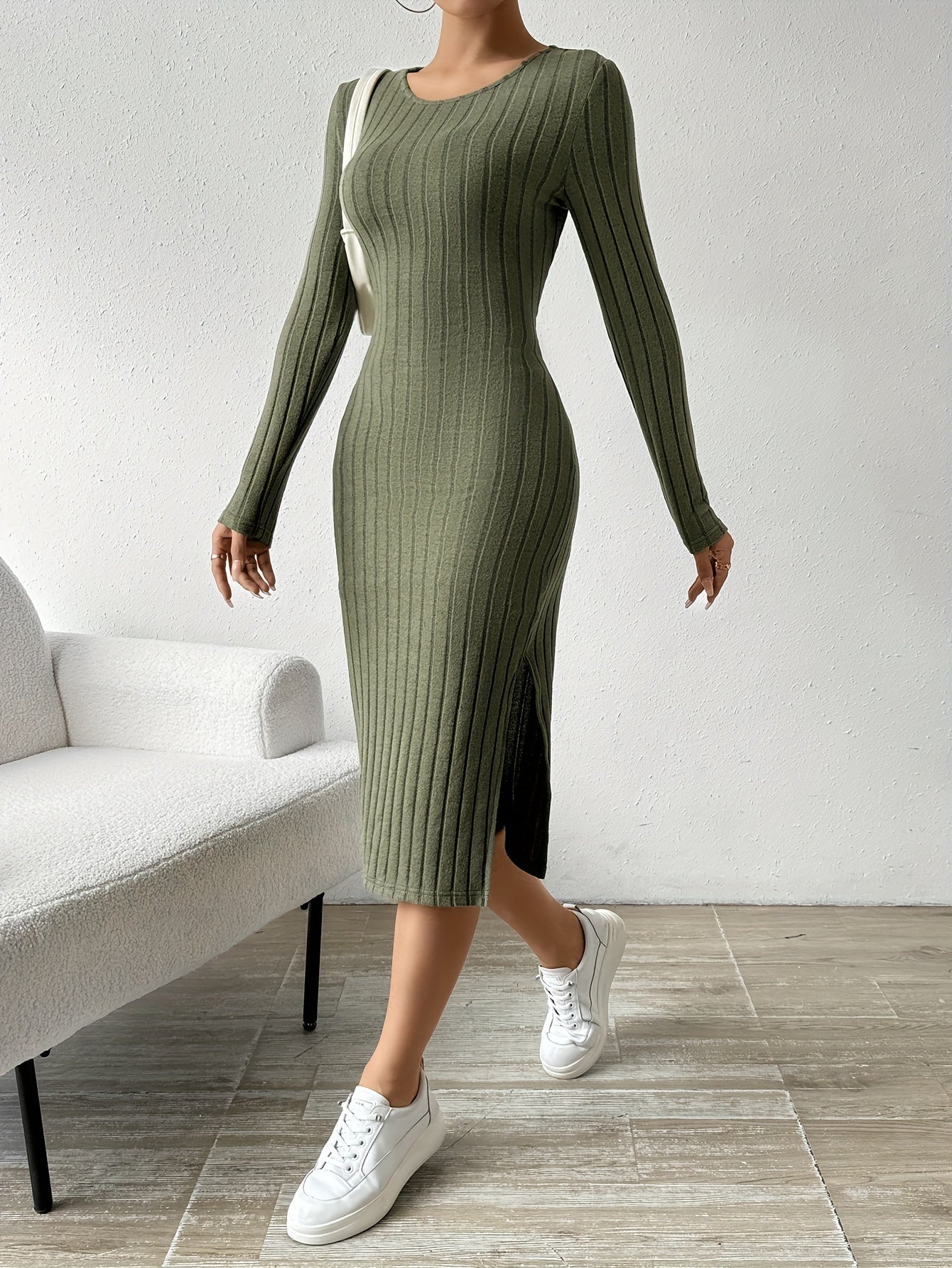 Sixsr Ribbed Solid Split Dress, Casual Crew Neck Long Sleeve Dress, Women's Clothing