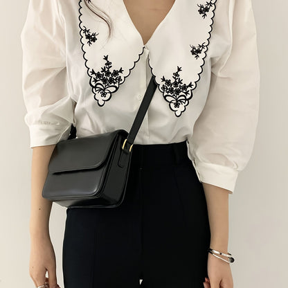 Sixsr Embroidered Peter Pan Collar Blouse, Vintage Half Sleeve Blouse For Spring & Summer, Women's Clothing