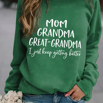 Sixsr Grandma Letter Print Solid Pullover, Long Sleeve Crew Neck Casual Sweatshirt, Women's Clothing