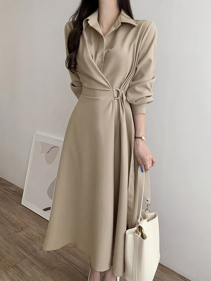 Sixsr A-line Button Front Dress, Elegant Long Sleeve Dress For Spring & Fall, Women's Clothing