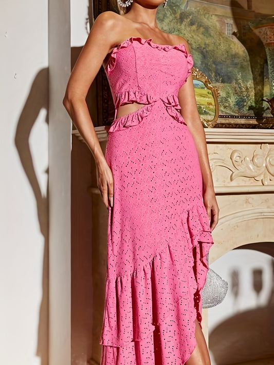 Sixsr Ruffle Trim High-low Tube Dress, Stylish Cut Out Sleeveless Tiered Dress, Women's Clothing