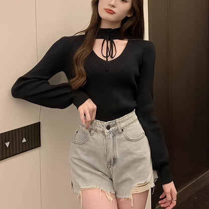 Sixsr  Solid Lace Up Mock Neck Knit Sweater, Elegant Cut Out Long Sleeve Stylish Sweater, Women's Clothing