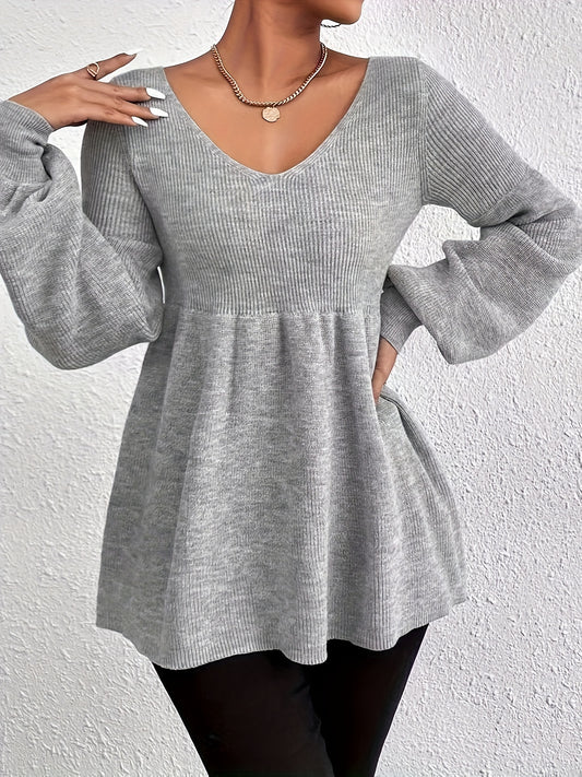 Sixsr Solid V Neck Pullover Sweater, Casual Long Sleeve Ruffle Hem Loose Sweater, Women's Clothing