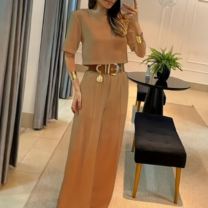 Women's Casual Two-piece Set with Wide Leg Pants - Short Sleeve Crop Top and Wide Leg Pants Outfit for Comfortable and Stylish Look