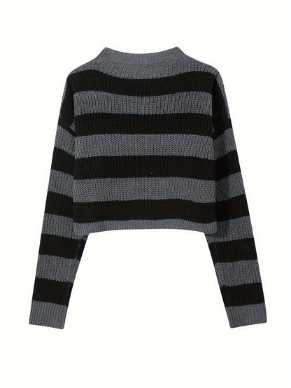 Sixsr Striped Crew Neck Pullover Sweater, Casual Long Sleeve Loose Crop Sweater, Women's Clothing