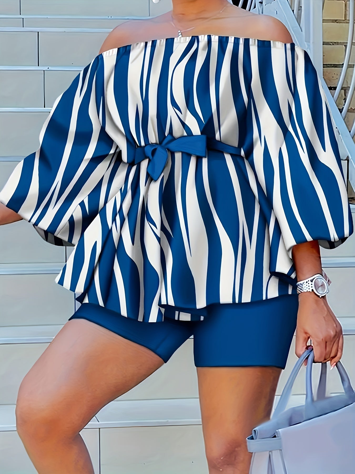 two-piece Color Block Off Shoulder Top & Shorts Set - Sexy Women's Outfit for Any Occasion