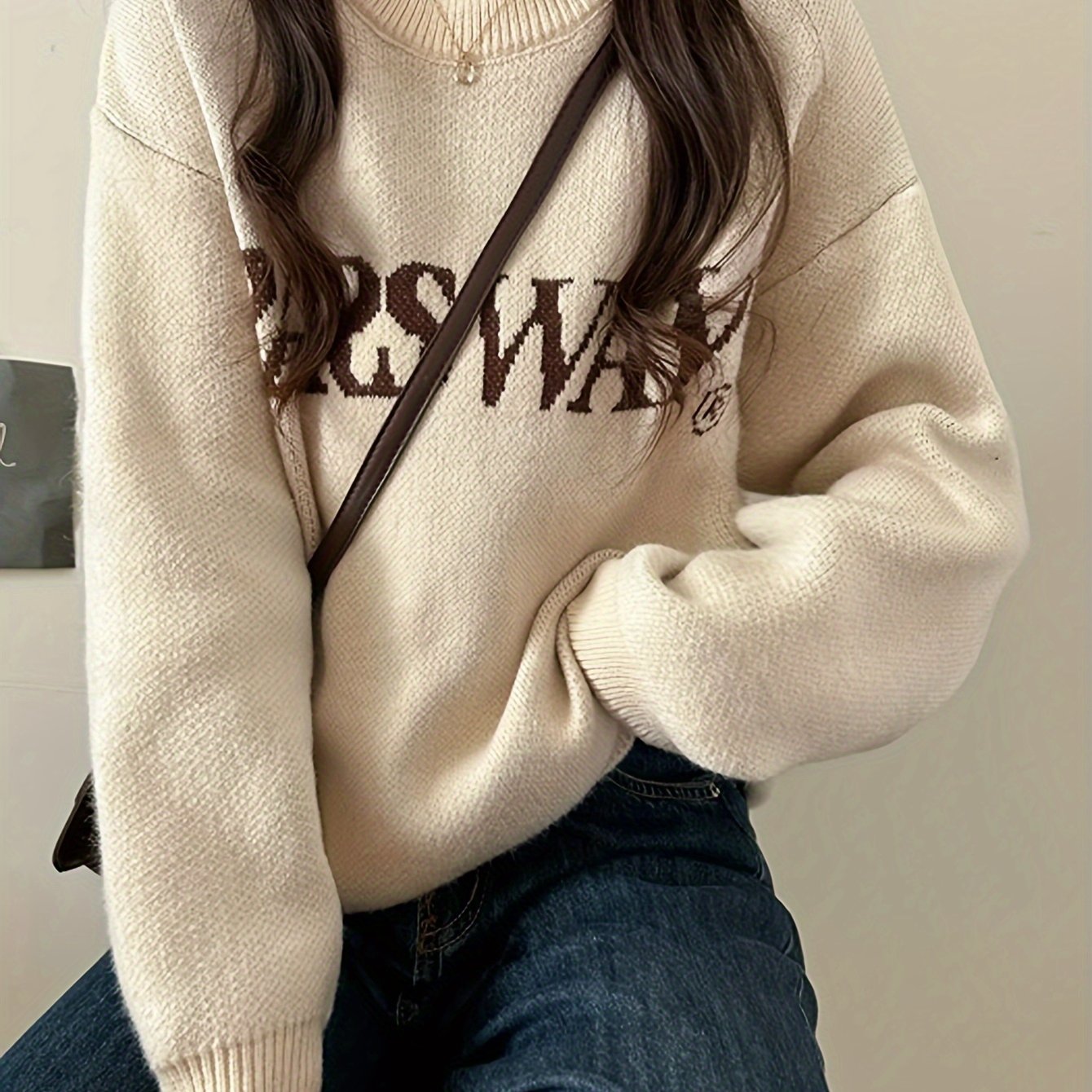 Sixsr Letter Pattern Crew Neck Pullover Sweater, Casual Long Sleeve Drop Shoulder Sweater, Women's Clothing