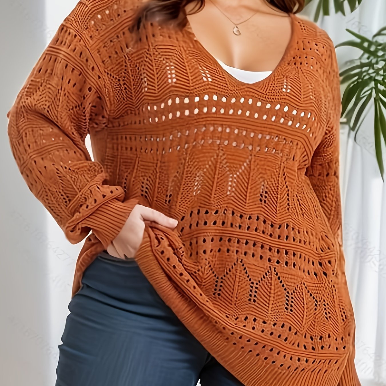 Sixsr Plus Size Casual Knit Top, Women's Plus Solid Hollow Out Long Sleeve V Neck Sheer Pullover Sweater