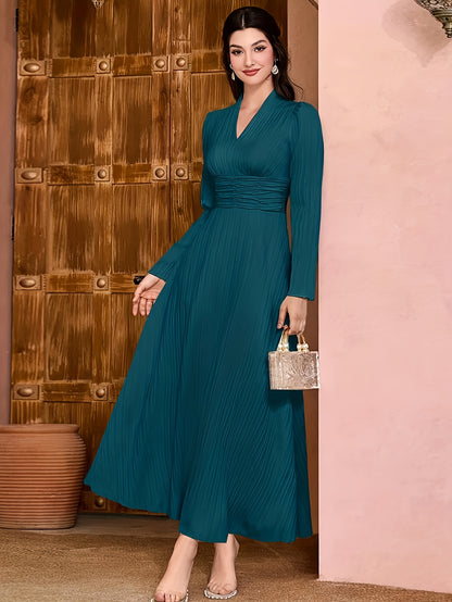Sixsr Solid V Neck Dress, Elegant Long Sleeve Shirred Waist Dress, Women's Clothing