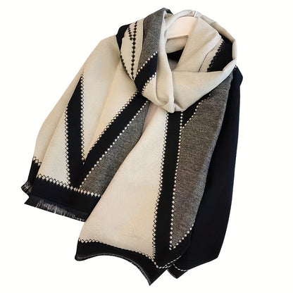 Sixsr Elegant Color Block Fringe Scarf Stylish Soft Warm Shawl Autumn Winter Windproof Blanket Scarf