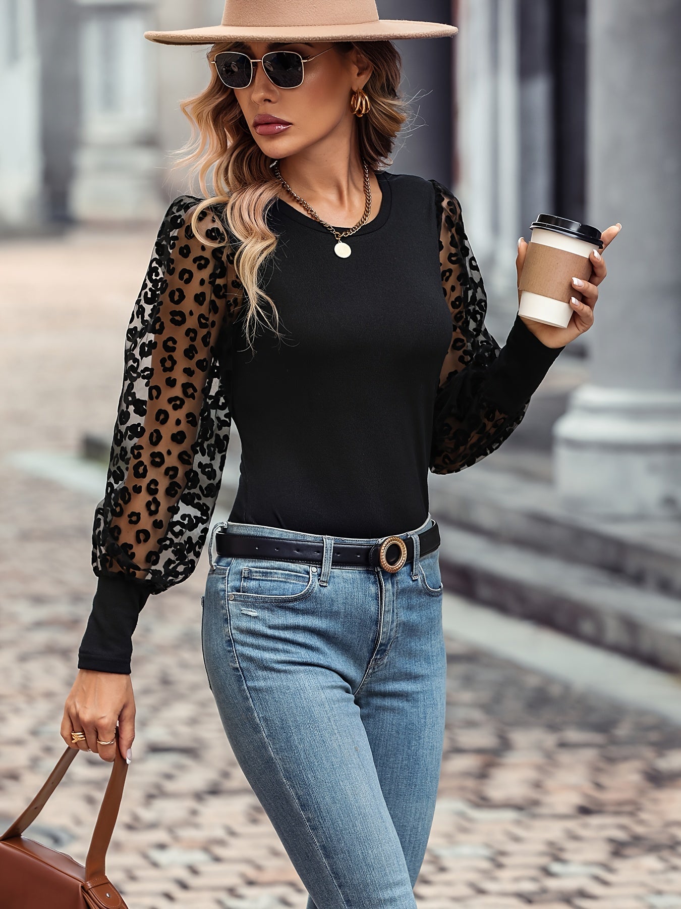 Solid Color Lace Patchwork Ballon Sleeve Ribbed Knit Tops, Elegant Everyday Blouse, Women's Clothing