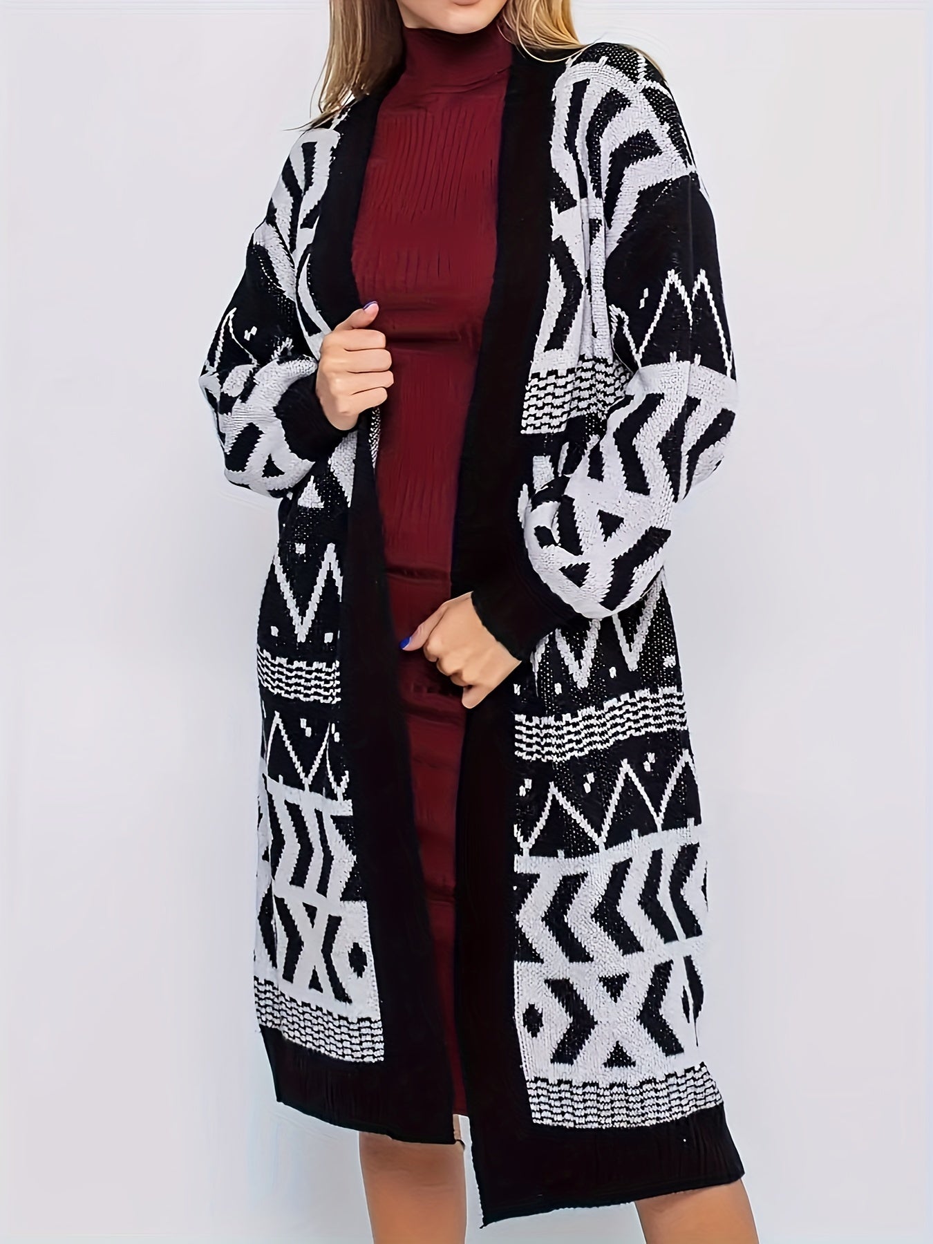 Allover Print Open Front Knit Cardigan, Casual Long Sleeve Mid Length Sweater, Women's Clothing