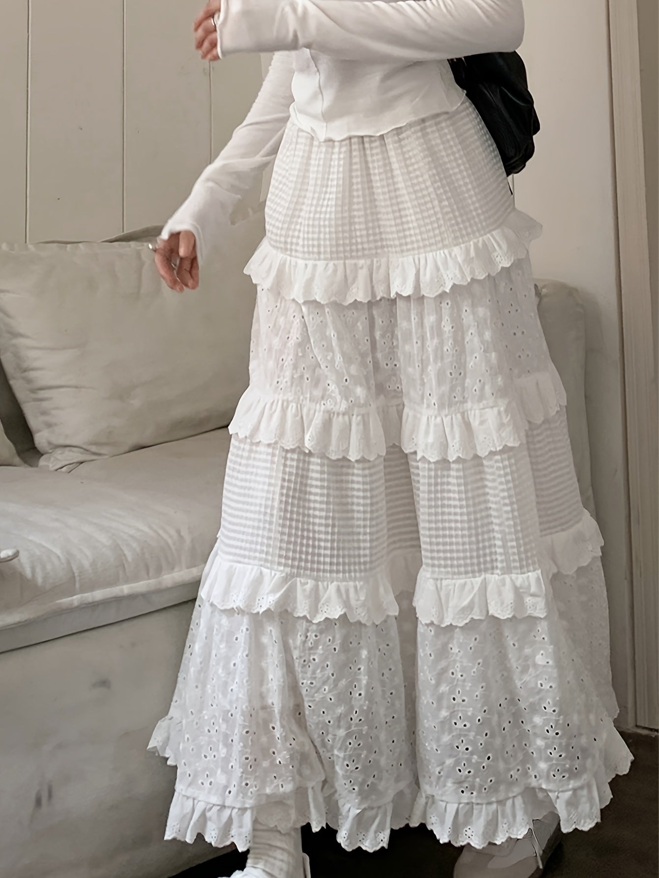 Sixsr Eyelet Embroidered Layer Ruffle Maxi Skirt, Boho Elastic Waist A Line Skirt, Women's Clothing