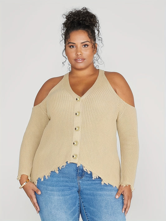 Sixsr Plus Size Elegant Sweater, Women's Plus Long Sleeve Cold Shoulder Fringe Trim Sweater