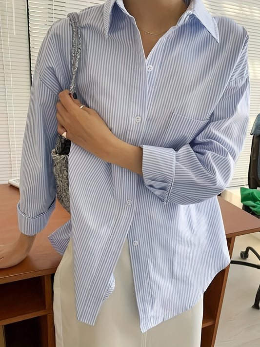 Sixsr Striped Print Patched Pocket Shirt, Vintage Long Sleeve Drop Shoulder Shirt, Women's Clothing