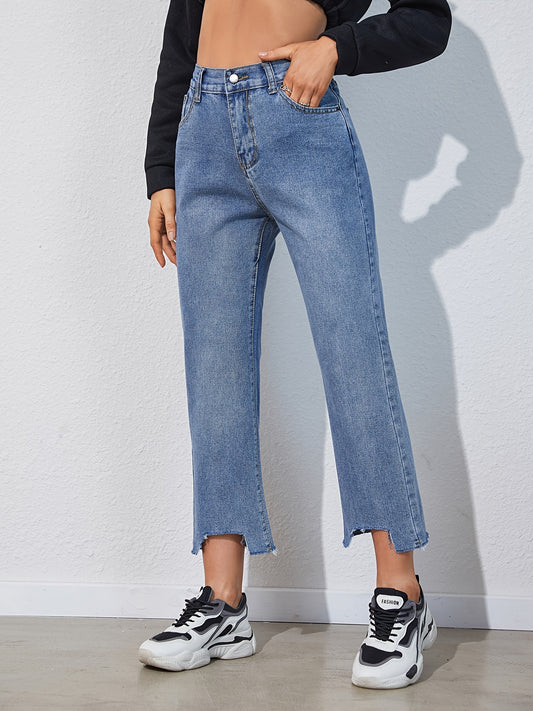 Sixsr High Rise Loose Fit Straight Legs High Low Raw Hem Casual Retro Style Light Blue Color Denim Pants Jeans, Women's Denim Jeans