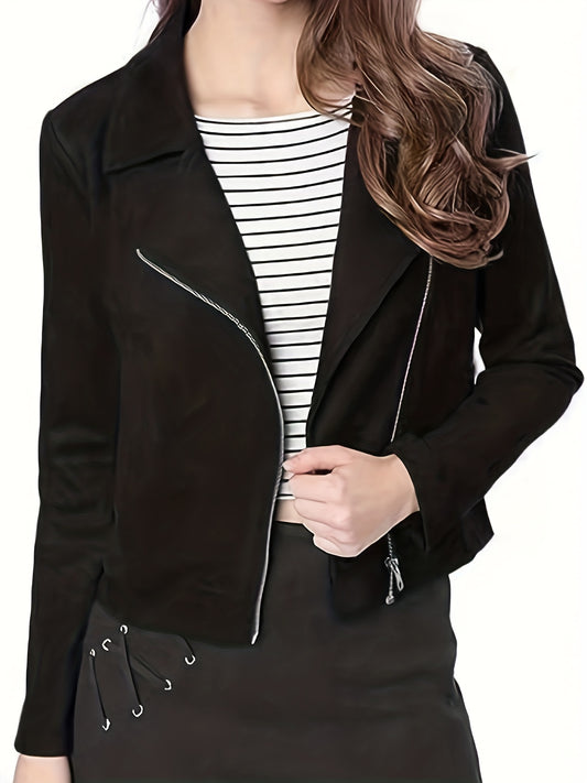 Sixsr Plus Size Elegant Coat, Women's Solid Long Sleeve Zipper Lapel Collar Motorcycle Biker Jacket Coat
