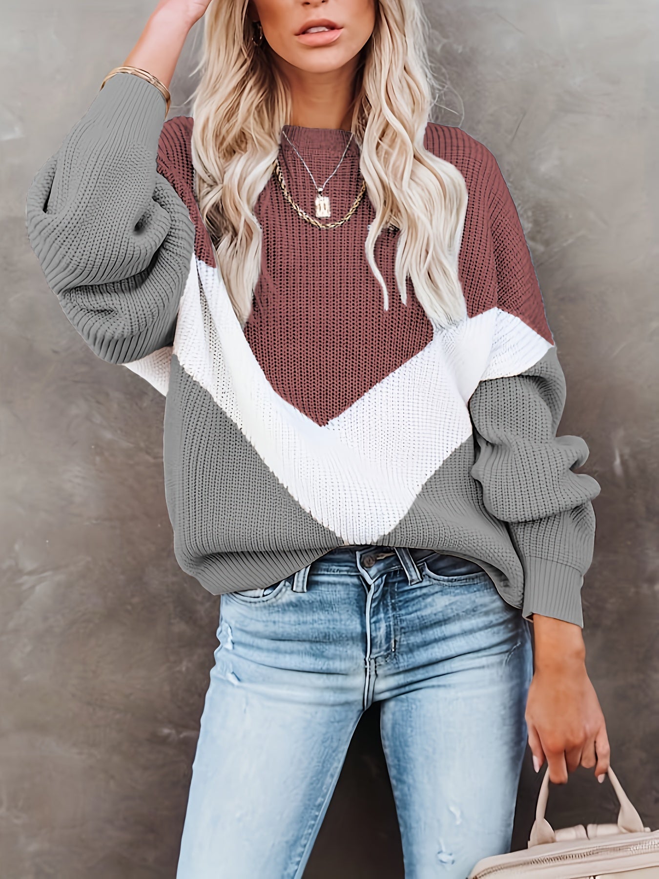 Sixsr Color Block Crew Neck Pullover Sweater, Casual Long Sleeve Sweater For Fall & Winter, Women's Clothing