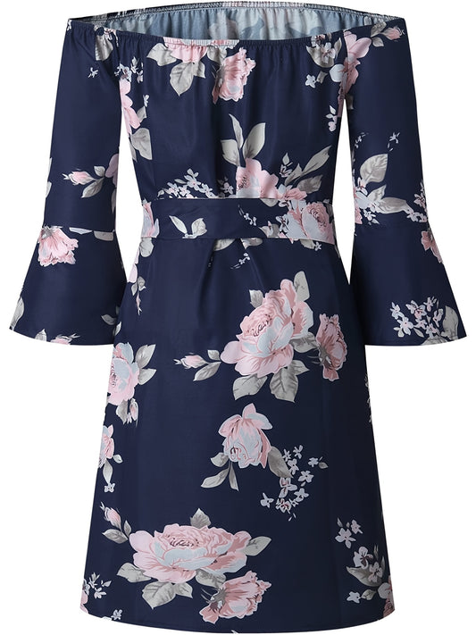 Sixsr Vintage Floral Print Dress, Casual Off Shoulder Flared Sleeve Dress, Women's Clothing