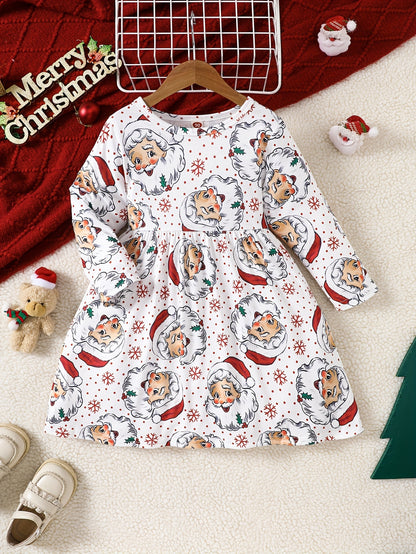 Girls Cute & Sweet Long Sleeve Allover Cartoon Christmas Elements Pattern Dress For Spring & Fall, As Christmas Gifts