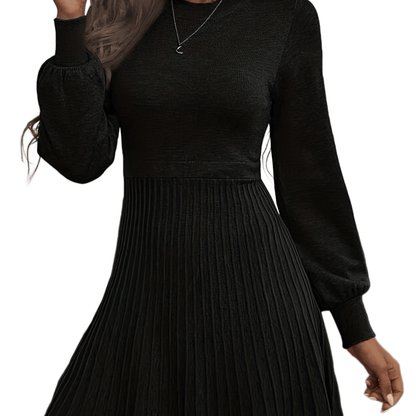 Sixsr Solid Pleated Dress, Elegant Crew Neck Long Sleeve Dress For Spring & Fall, Women's Clothing