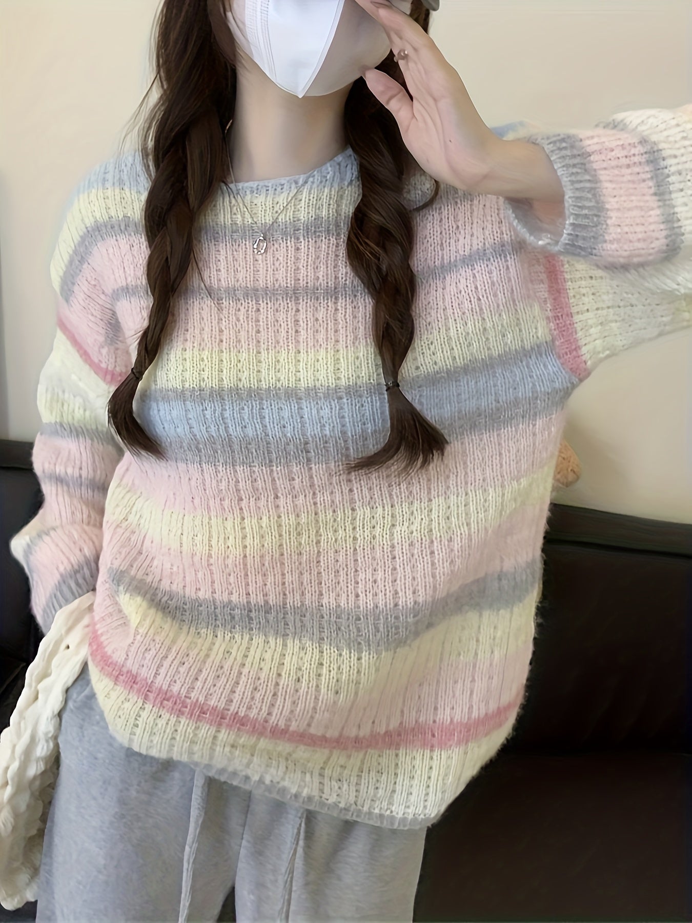 Benpaolv Rainbow Striped Crew Neck Pullover Sweater, Casual Long Sleeve Loose Cozy Sweater, Women's Clothing