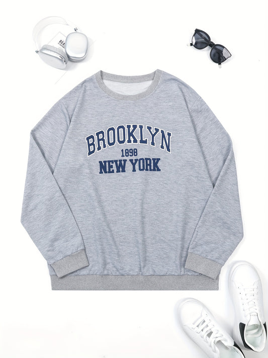 Sixsr Plus Size Letter Print Round Neck Long Sleeve Sweatshirt, Women's Plus Slight Stretch Drop Shoulder Sweatshirt