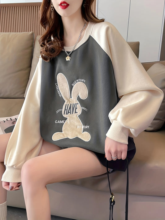 Sixsr Patched Rabbit Sweatshirt, Casual Raglan Neck Long Sleeve Sweatshirt, Women's Clothing