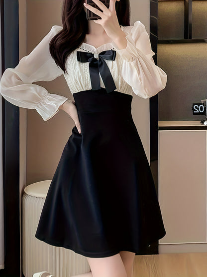 Sixsr Color Block Bow Tie Dress, Elegant Ruffle Trim Long Sleeve Dress, Women's Clothing