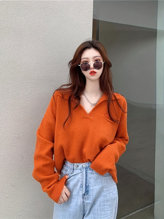 Sixsr Solid Notched Collar Pocket Sweater, Casual Long Sleeve Drop Shoulder Sweater, Women's Clothing