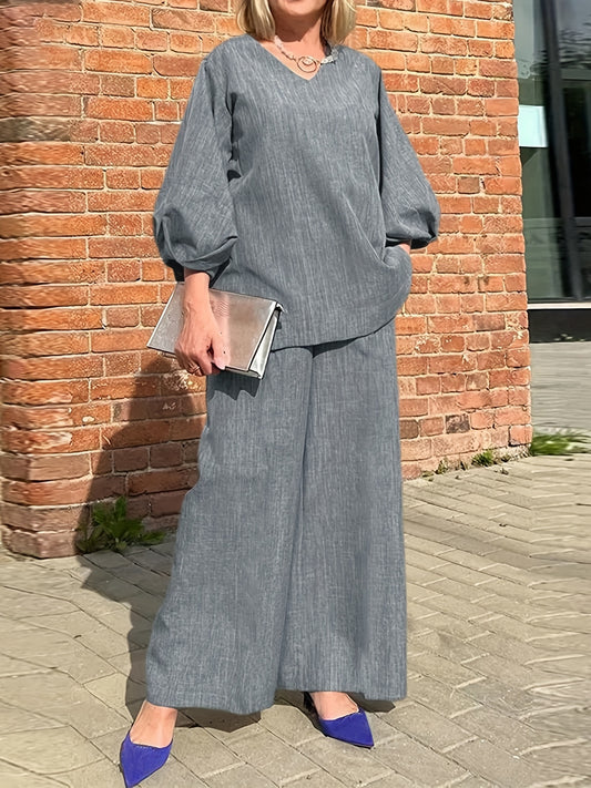 Sixsr Solid Casual Two-piece Set, V Neck Lantern Sleeve Tops & Wide Leg Pants Outfits, Women's Clothing