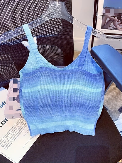 Sixsr Butterfly Pattern Gradient Knitted Cami Top, Casual V Neck Summer Sleeveless Top, Women's Clothing