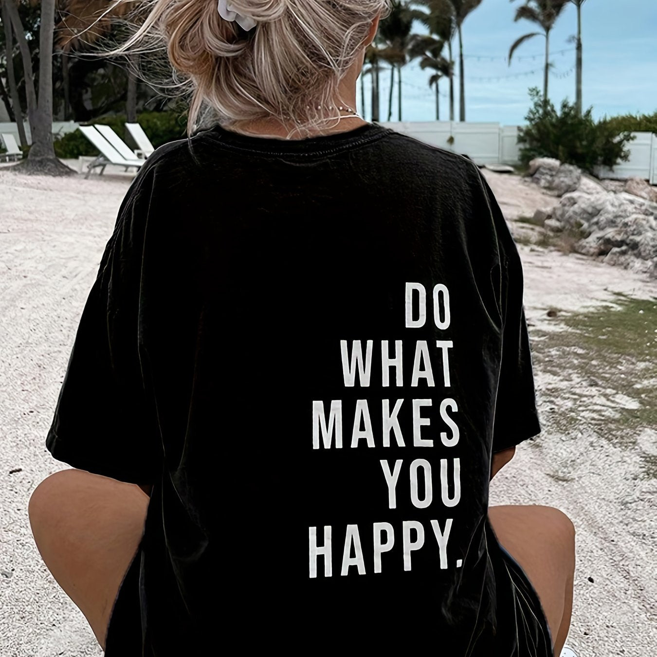 Sixsr Makes You Happy Print T-Shirt, Short Sleeve Crew Neck Casual Top For Summer & Spring, Women's Clothing