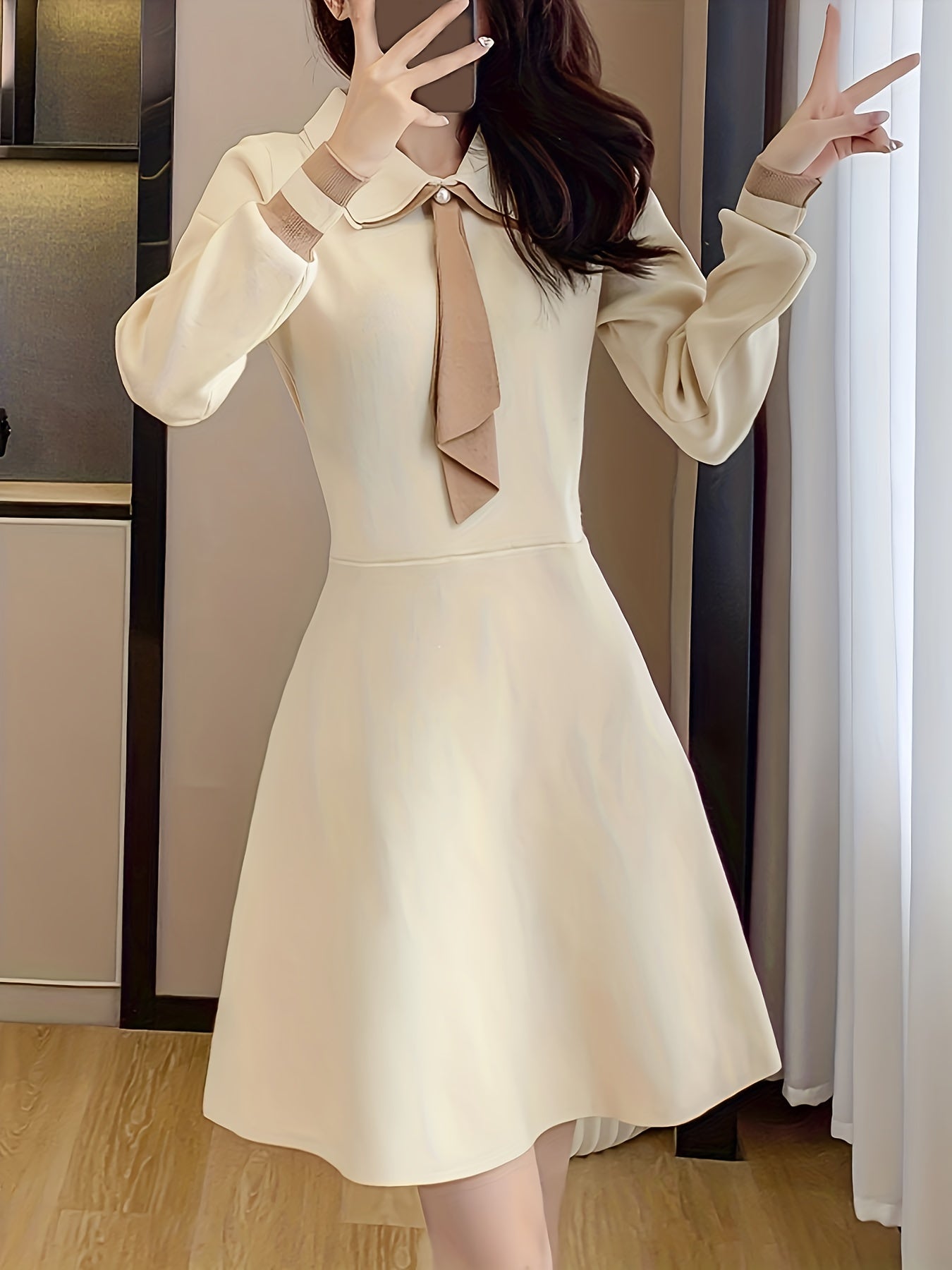 Sixsr Tie Neck A Line Dress, Elegant Long Sleeve Midi Dress, Women's Clothing