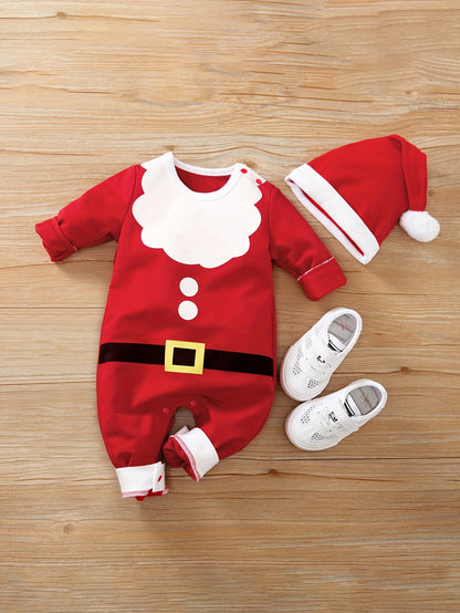 Christmas Santa Claus Themed Baby Romper Set with Matching Hat - 100% Cotton, Boho Style, Animal Pattern, Button Details, Regular Fit, Knitted Fabric, Suitable for Fall/Winter