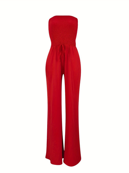 Sixsr Drawstring Shirred Tube Jumpsuit, Casual Off Shoulder Wide Leg Jumpsuit, Women's Clothing