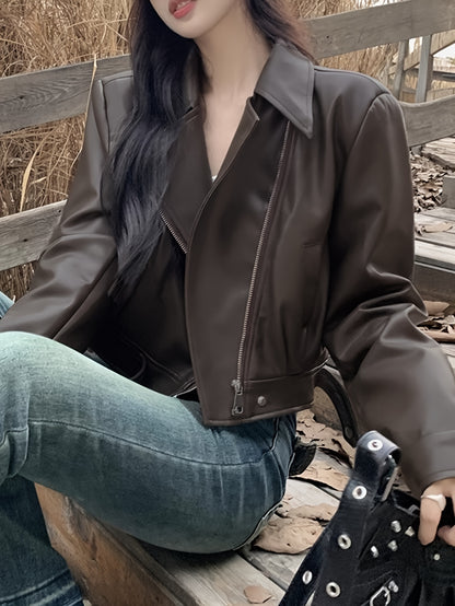 Sixsr Faux Leather Zip-up Jacket, Casual Long Sleeve Crop Biker Jacket For Fall & Winter, Women's Clothing