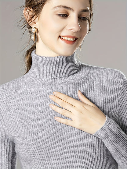 Sixsr Solid Turtle Neck Knitted Top, Casual Long Sleeve Slim Basic Versatile Sweater, Women's Clothing