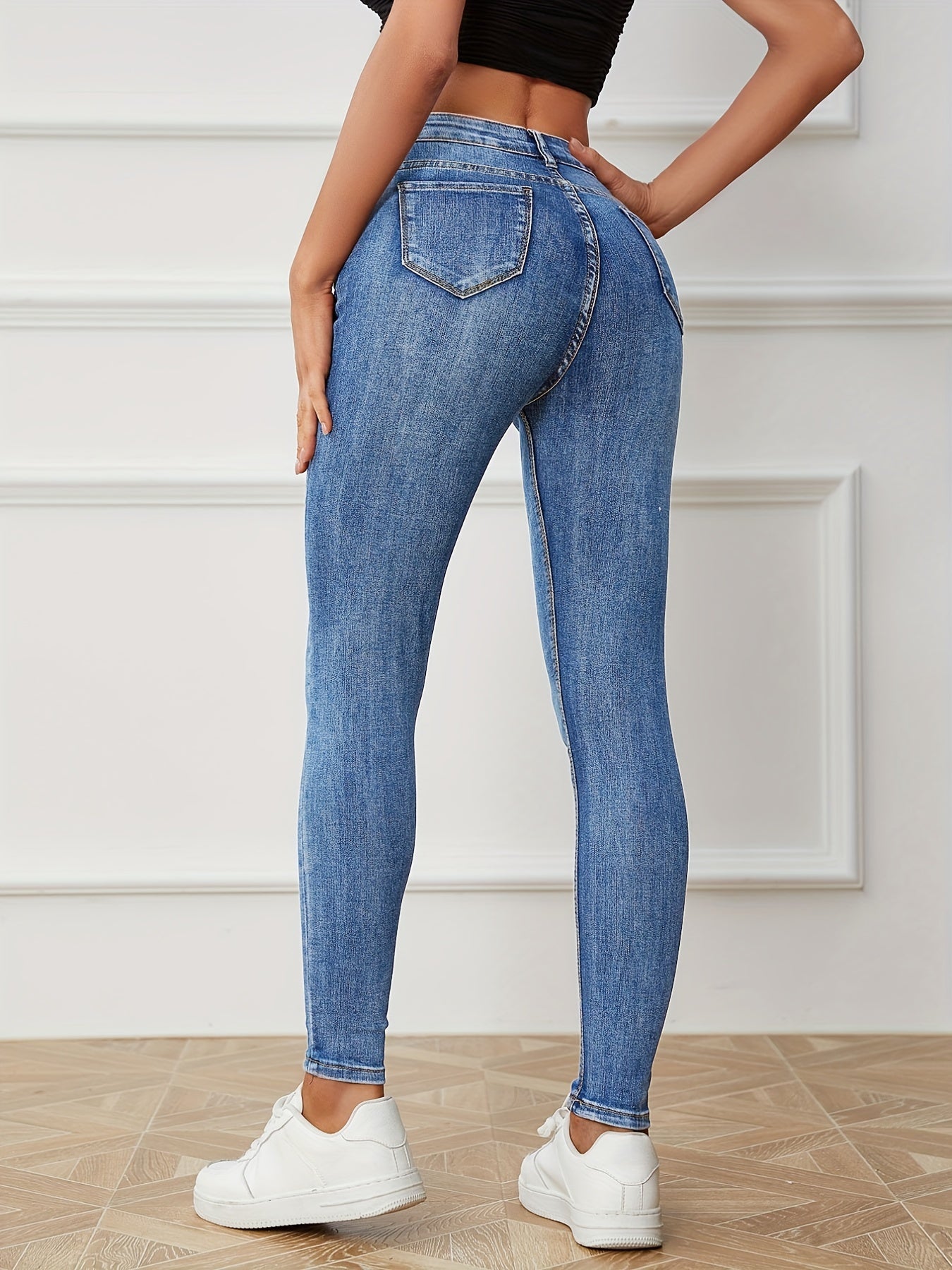 Sixsr High Rise Water Ripple Embossed Skinny Jeans, High Waist Zipper Button Closure Solid Color Skinny Pants, Women's Denim Jeans, Women's Clothing